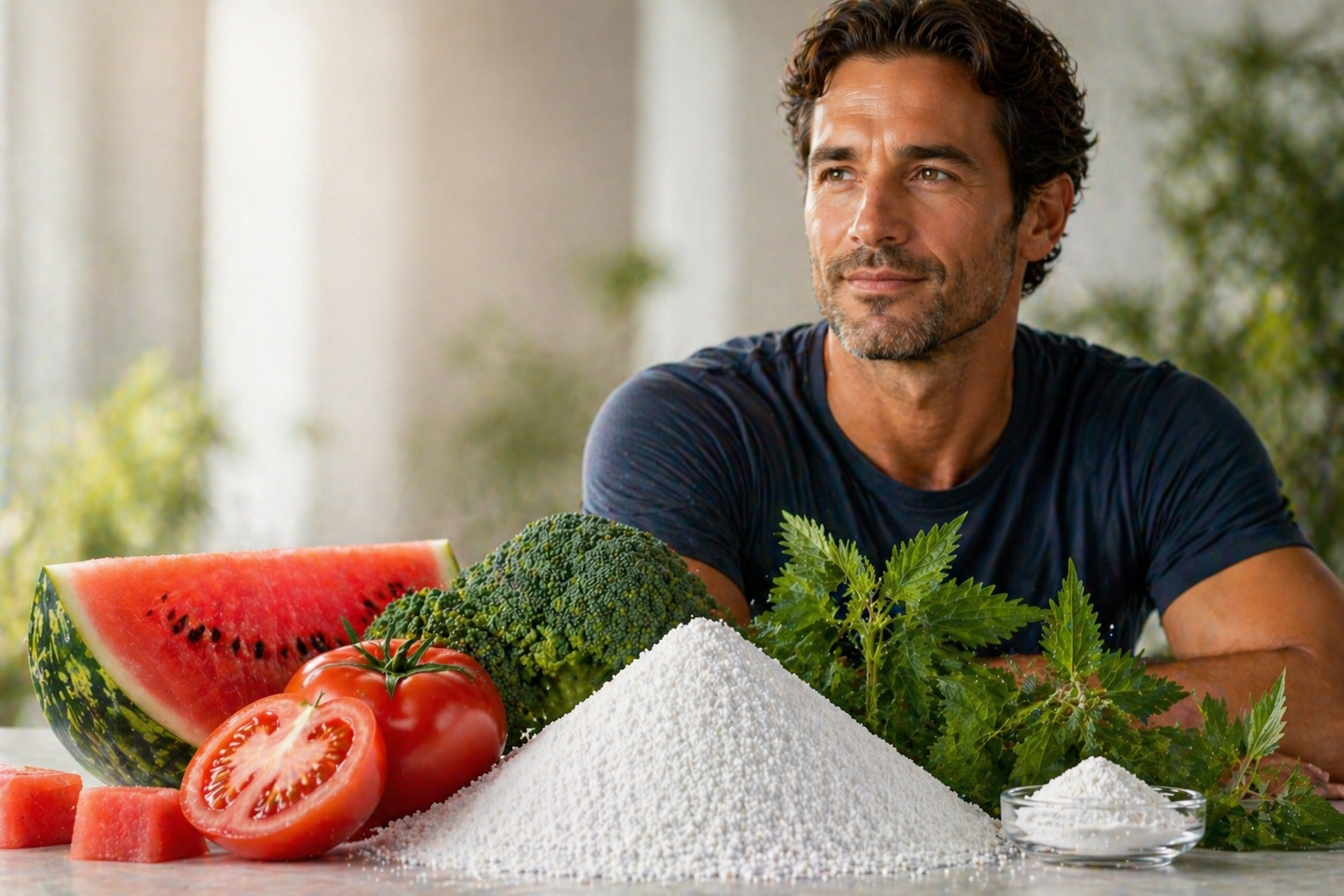 exosome men supplement ingredient white powder with tomato broccoli watermelon and nettle