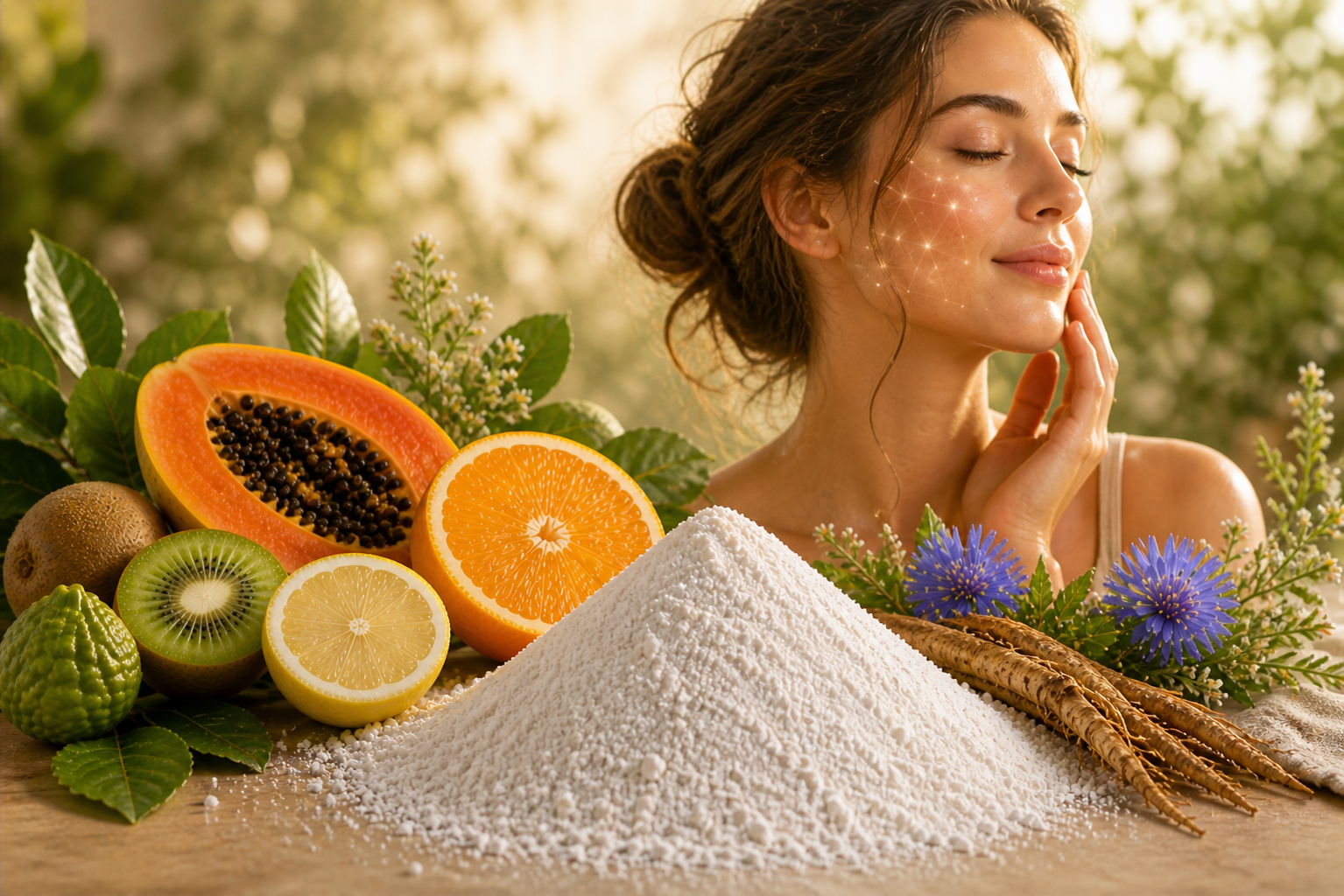 exosome skin microbiome ingredient white powder with kiwi papaya citrus and chicory
