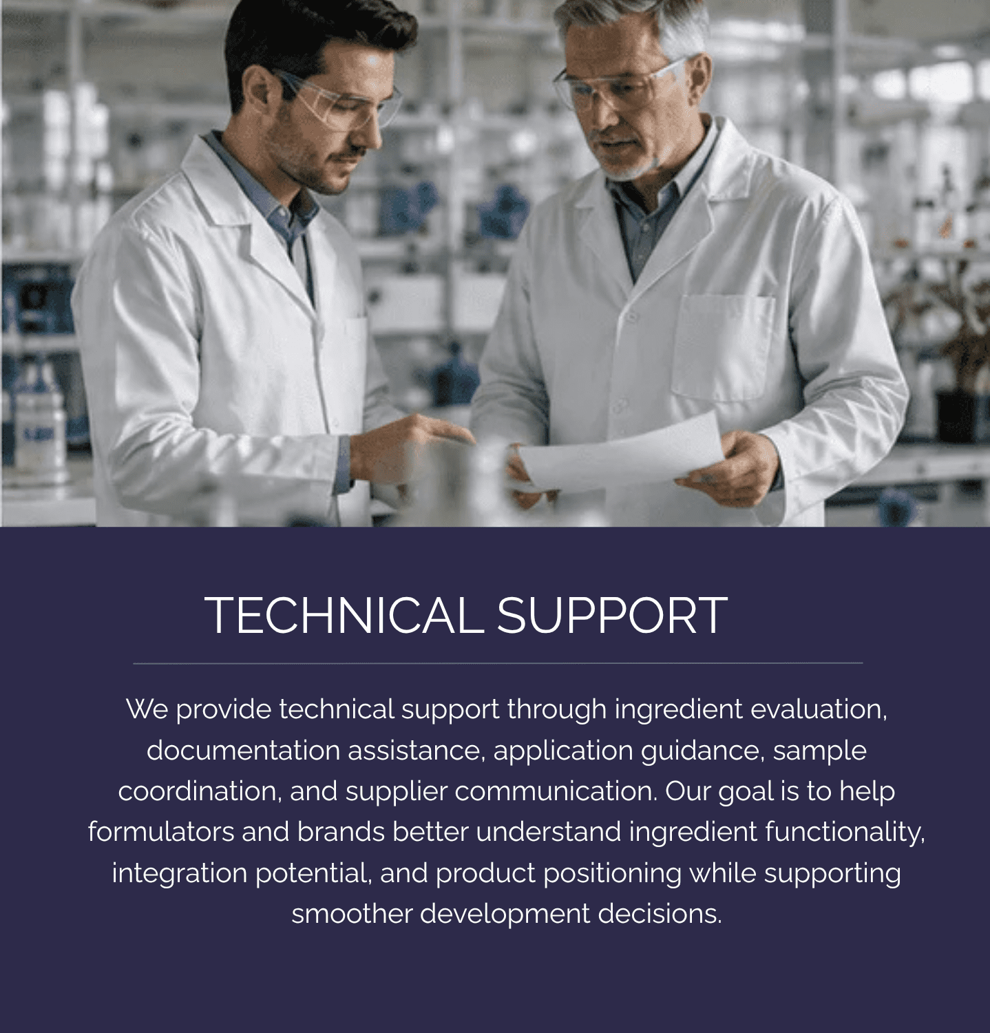 Cosmetic scientists reviewing formulation documents in a laboratory environment