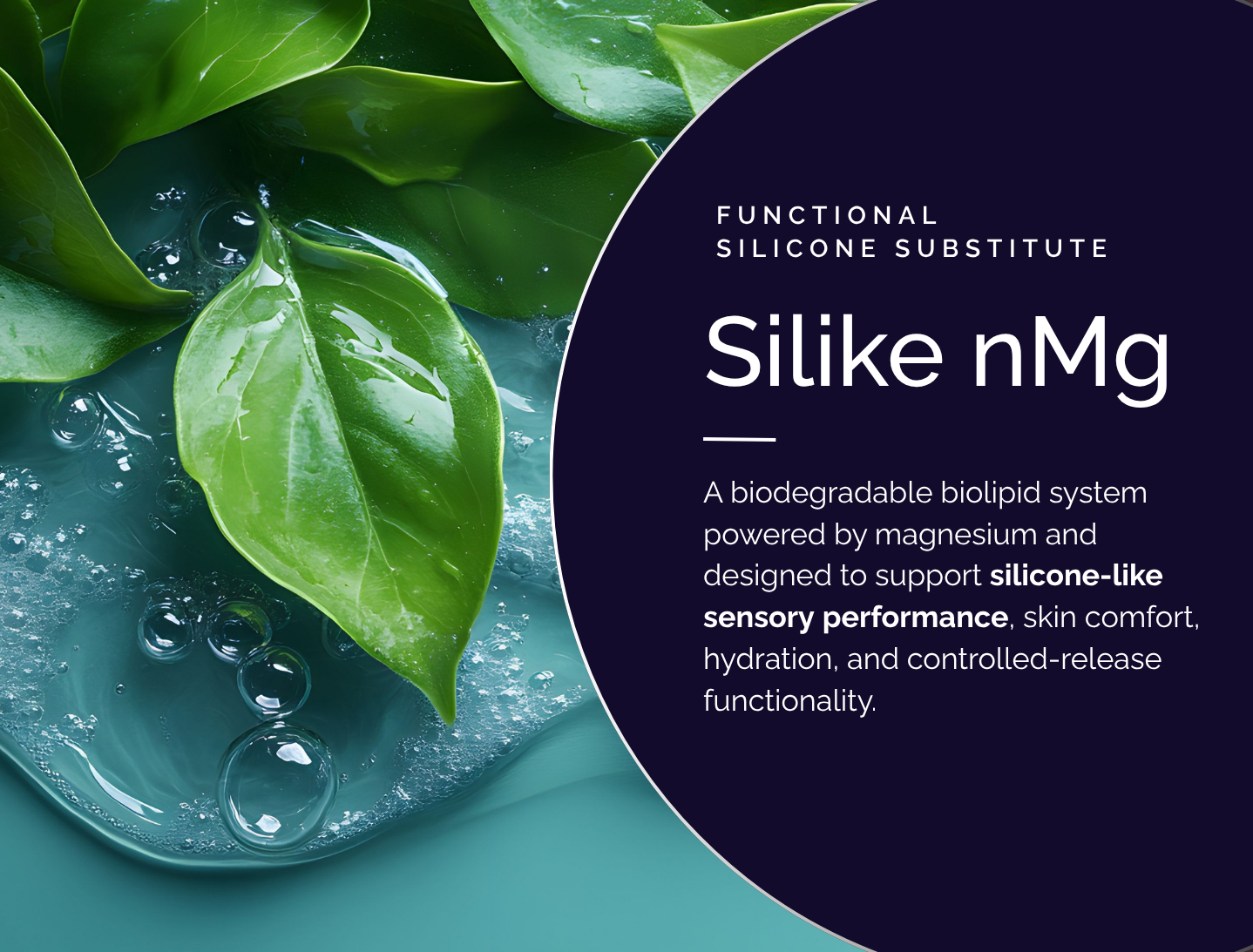 Green leaves in a water-based cosmetic gel texture for biodegradable silicone substitute ingredient