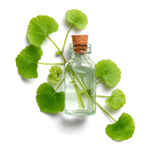 Photorealistic glass bubble containing plant-based PDRN structures surrounded by fresh Centella asiatica leaves with water droplets.