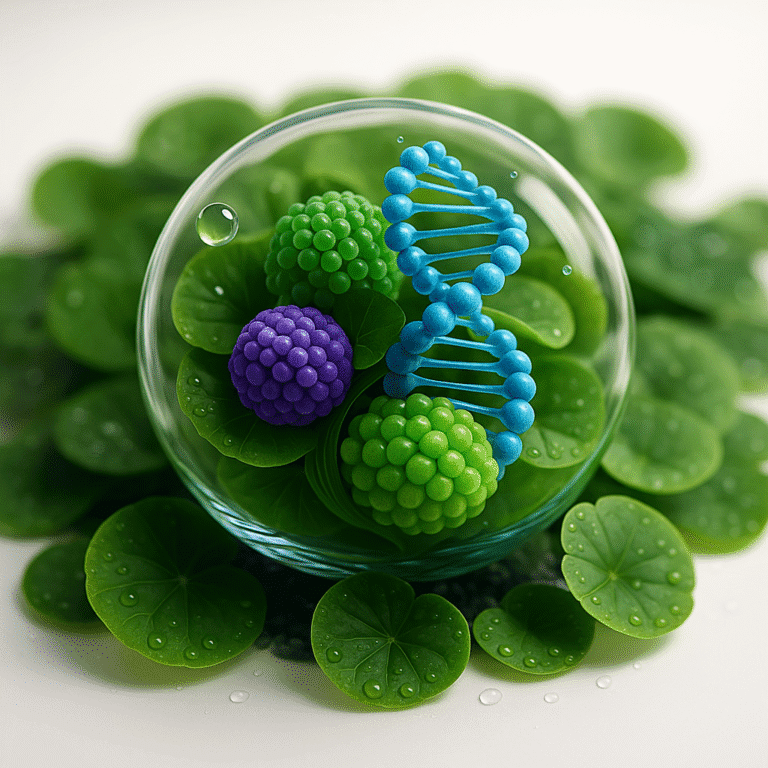 Photorealistic glass bubble containing plant-based PDRN structures surrounded by fresh Centella asiatica leaves with water droplets.