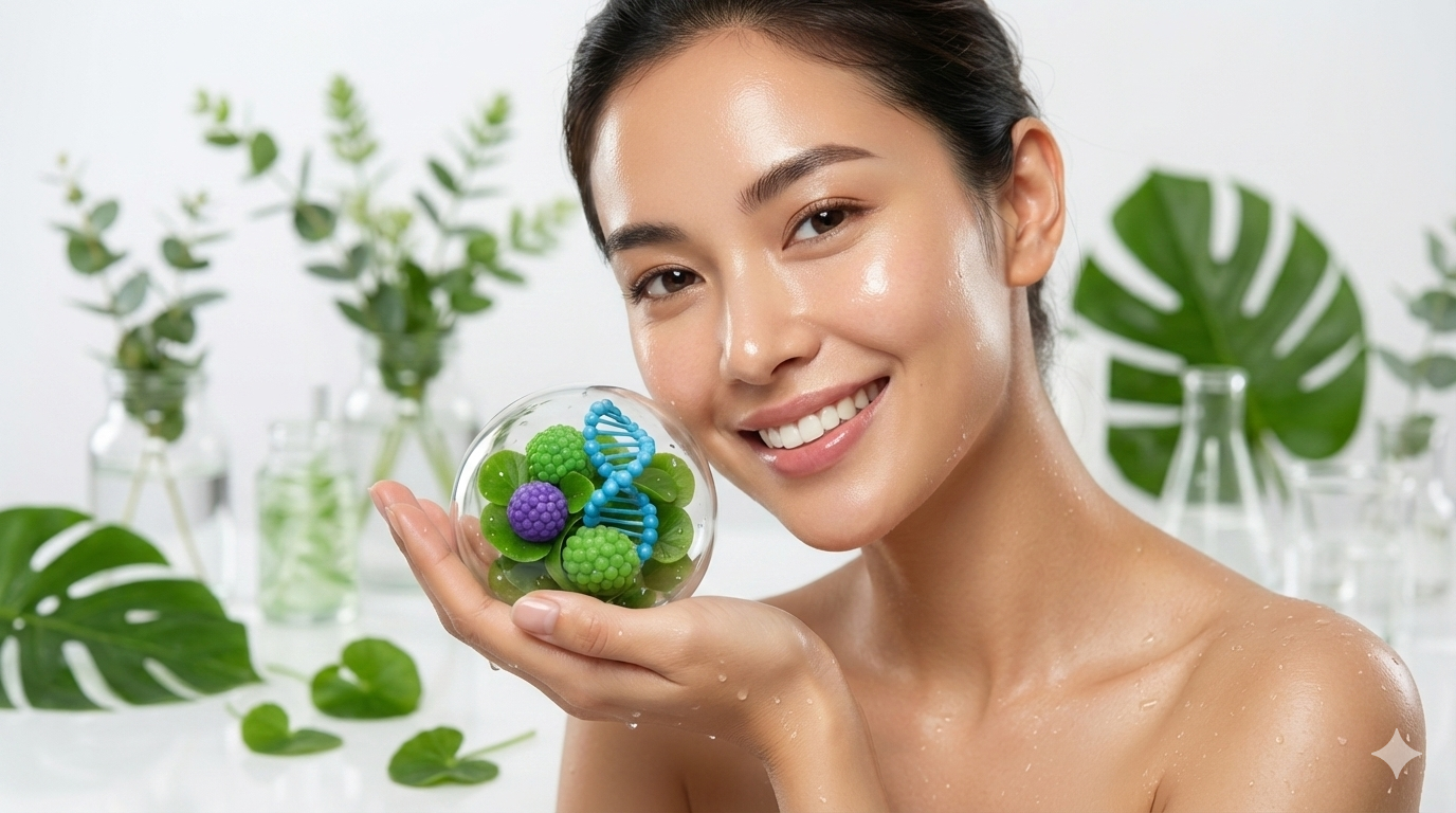 Photorealistic glass bubble containing plant-based PDRN structures surrounded by fresh Centella asiatica leaves with water droplets.