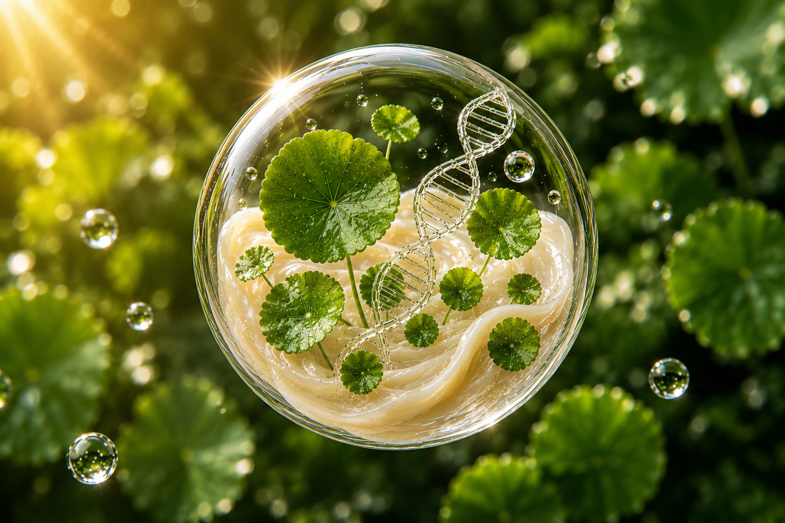 Photorealistic glass bubble containing plant-based PDRN structures surrounded by fresh Centella asiatica leaves with water droplets.