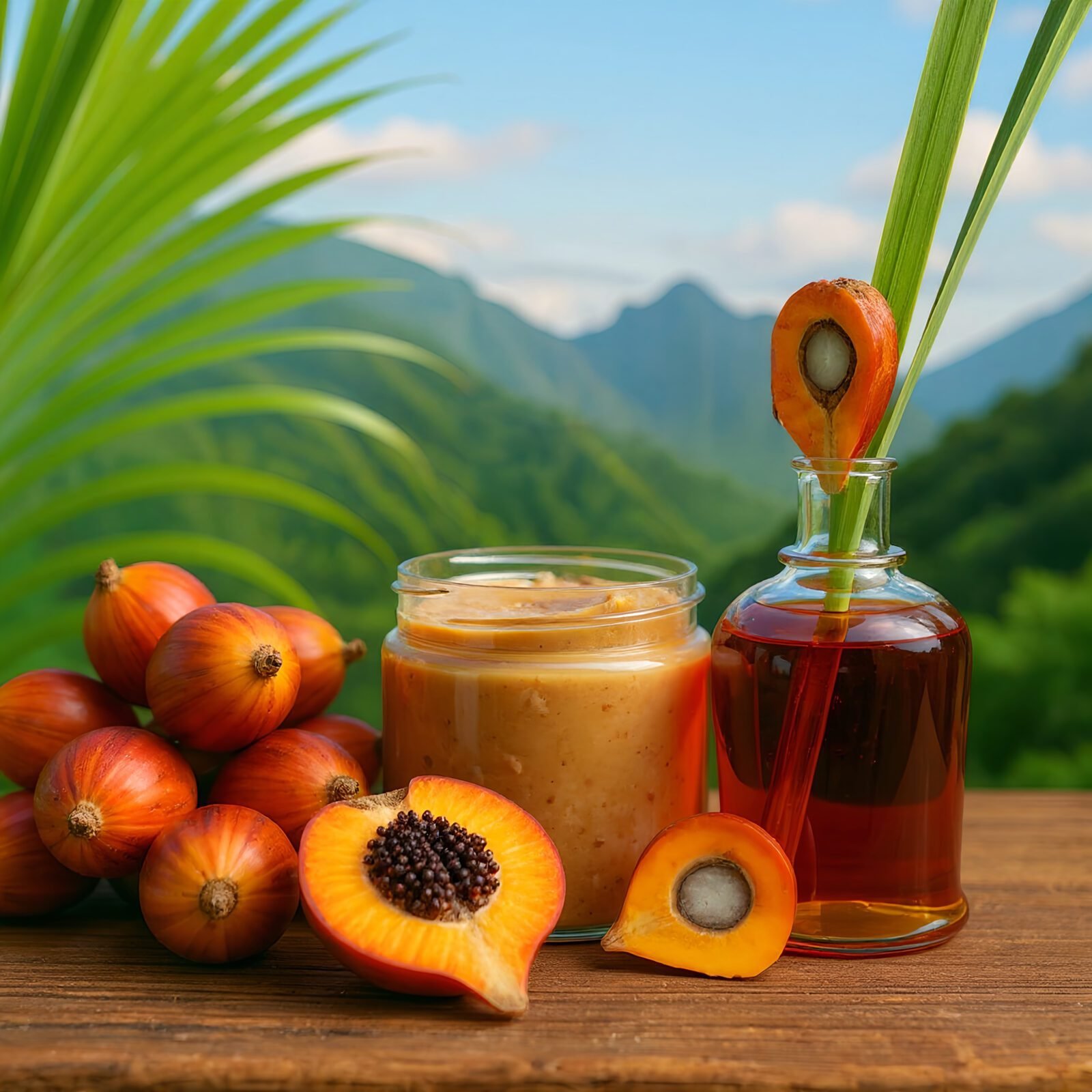 High-quality cosmetic-grade Batana oil in a glass bottle, surrounded by fresh palm fruits, highlighting its natural origin and hair-nourishing benefits.