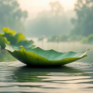 Delicate Boat Crafted From A Lotus Leaf Gently Floating In Serene Waters Surrounded By Natures Beauty And Tranquility