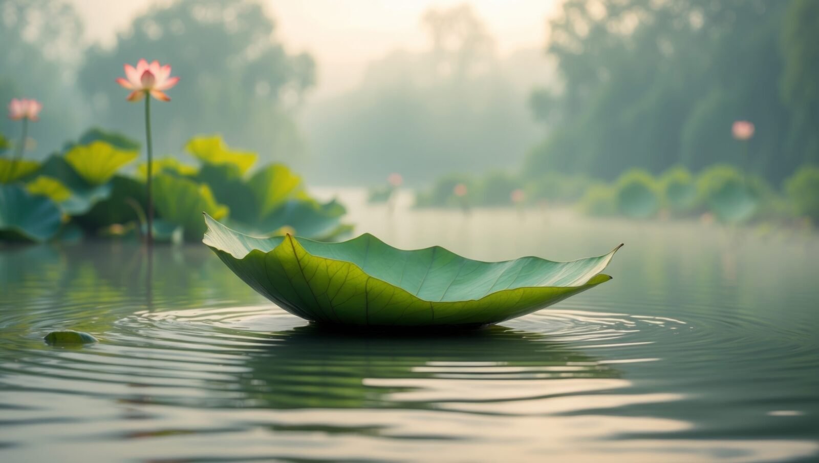 Delicate Boat Crafted From A Lotus Leaf Gently Floating In Serene Waters Surrounded By Natures Beauty And Tranquility