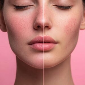 Centella asiatica (Cica) leaves with water droplets, soothing care for rosacea-prone skin