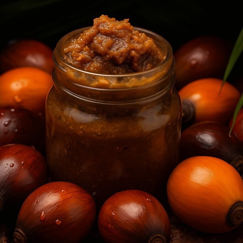High-quality cosmetic-grade Batana oil in a glass bottle, surrounded by fresh palm fruits, highlighting its natural origin and hair-nourishing benefits.