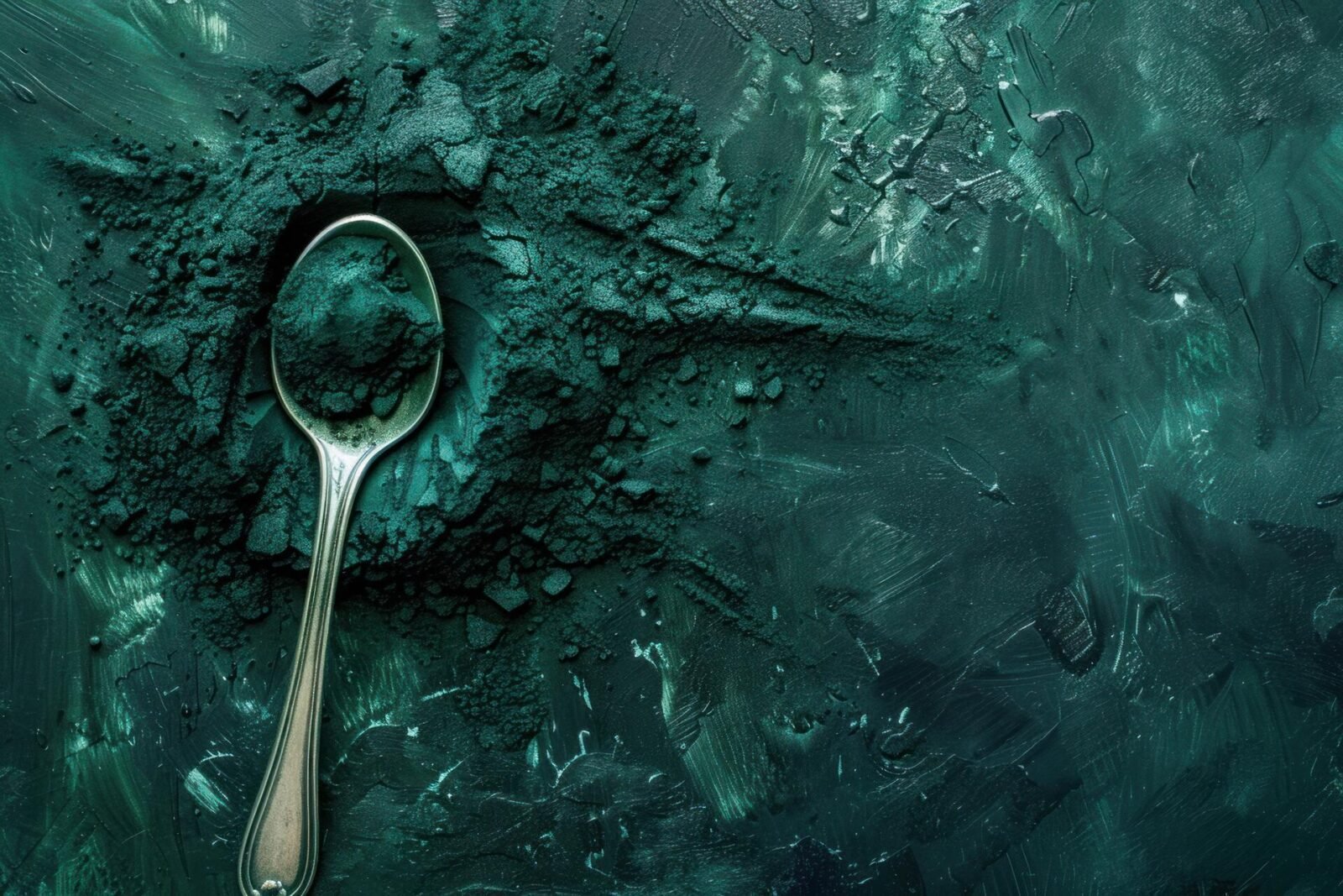 Blue Green Algae Powder With Spoon On Dark Background
