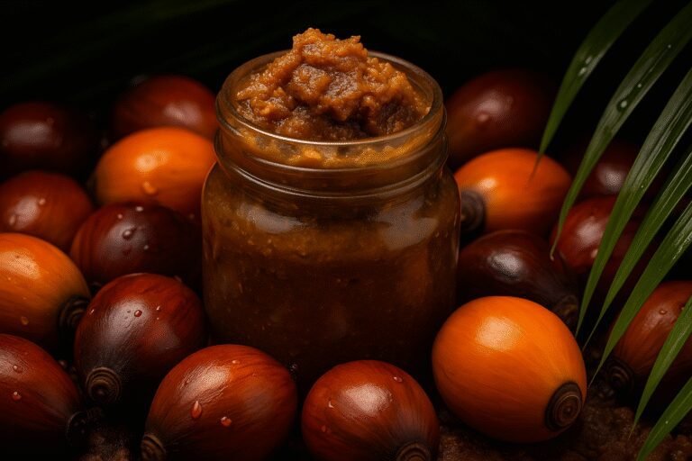 High-quality cosmetic-grade Batana oil in a glass bottle, surrounded by fresh palm fruits, highlighting its natural origin and hair-nourishing benefits.