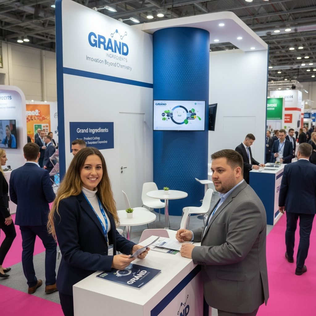 Grand Ingredients trade show booth with plant-based innovation, encapsulation, and active ingredients displays.