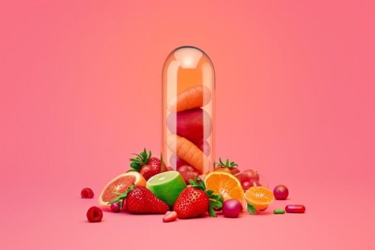 illustration showing encapsulated vitamin C molecules delivering active ingredients into skin layers