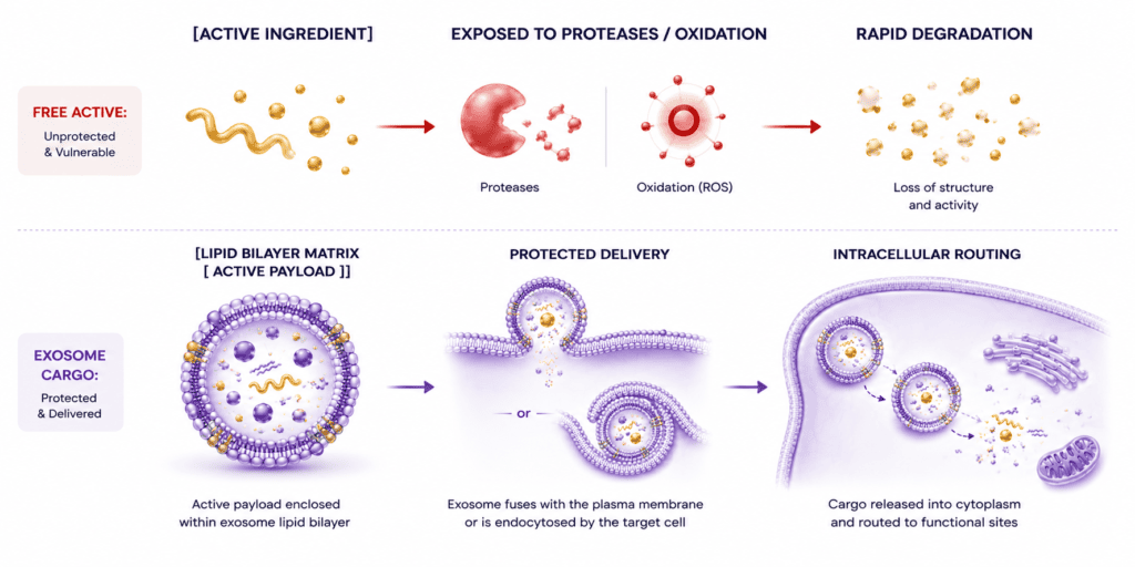 Scientific comparison of free active ingredient degradation versus protected exosome cargo delivery in cosmetic formulations, created by Grand Ingredients.