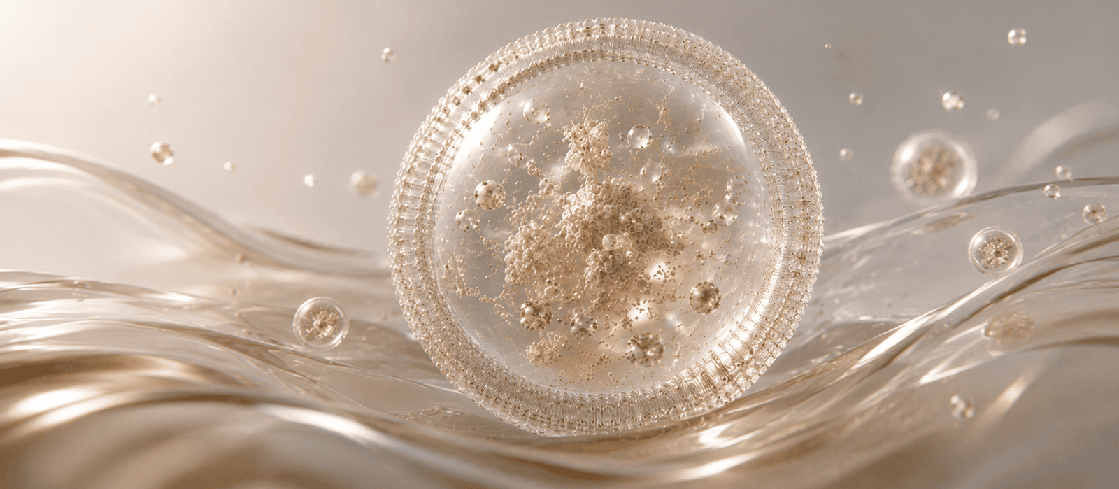 Ultra-realistic illustration of an extracellular vesicle showing complex exosome cargo including molecular payload within a transparent lipid bilayer for cosmetic formulation science.