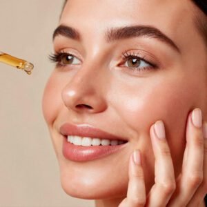 A woman applying a golden anti-aging facial serum containing Retinoic acid and Ubiquinone