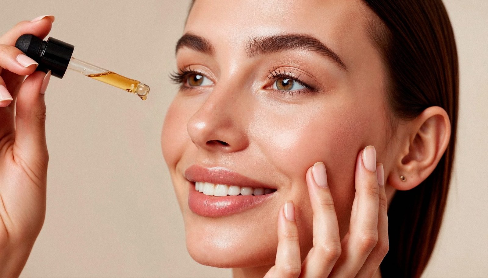 A woman applying a golden anti-aging facial serum containing Retinoic acid and Ubiquinone
