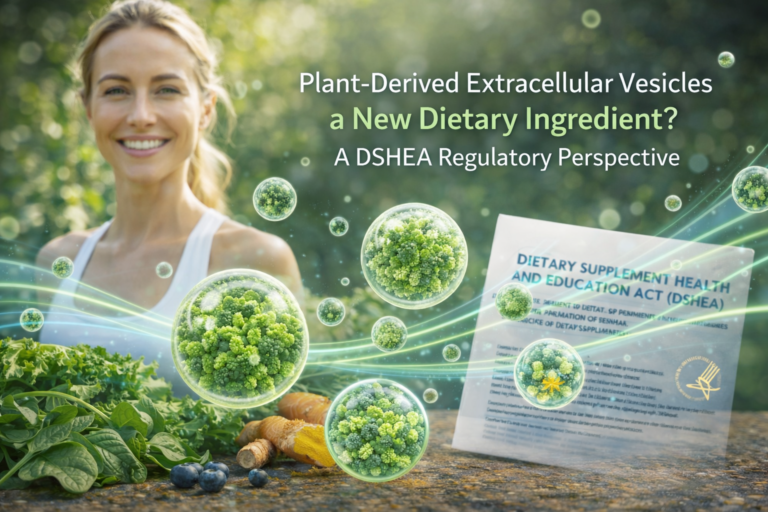 Diagram illustrating DSHEA regulatory framework and NDI decision pathway for plant-derived vesicle concentrates.