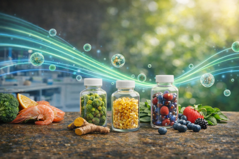 Illustration showing plant-derived extracellular vesicles and their potential role in functional nutrition delivery systems.