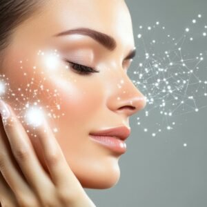 Smiling woman with geometric facial overlay illustrating spicules coated delivery technology for cosmetic active ingredient penetration