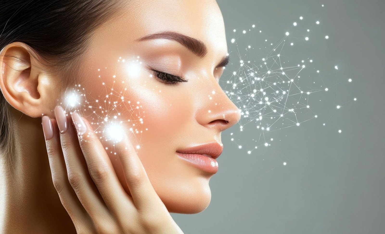 Smiling woman with geometric facial overlay illustrating spicules coated delivery technology for cosmetic active ingredient penetration