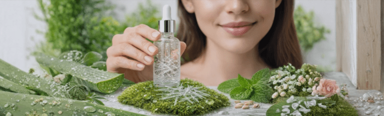 Vegan spicule skincare technology showing mineral micro-rod structures improving cosmetic ingredient delivery through epidermal micro-stimulation.