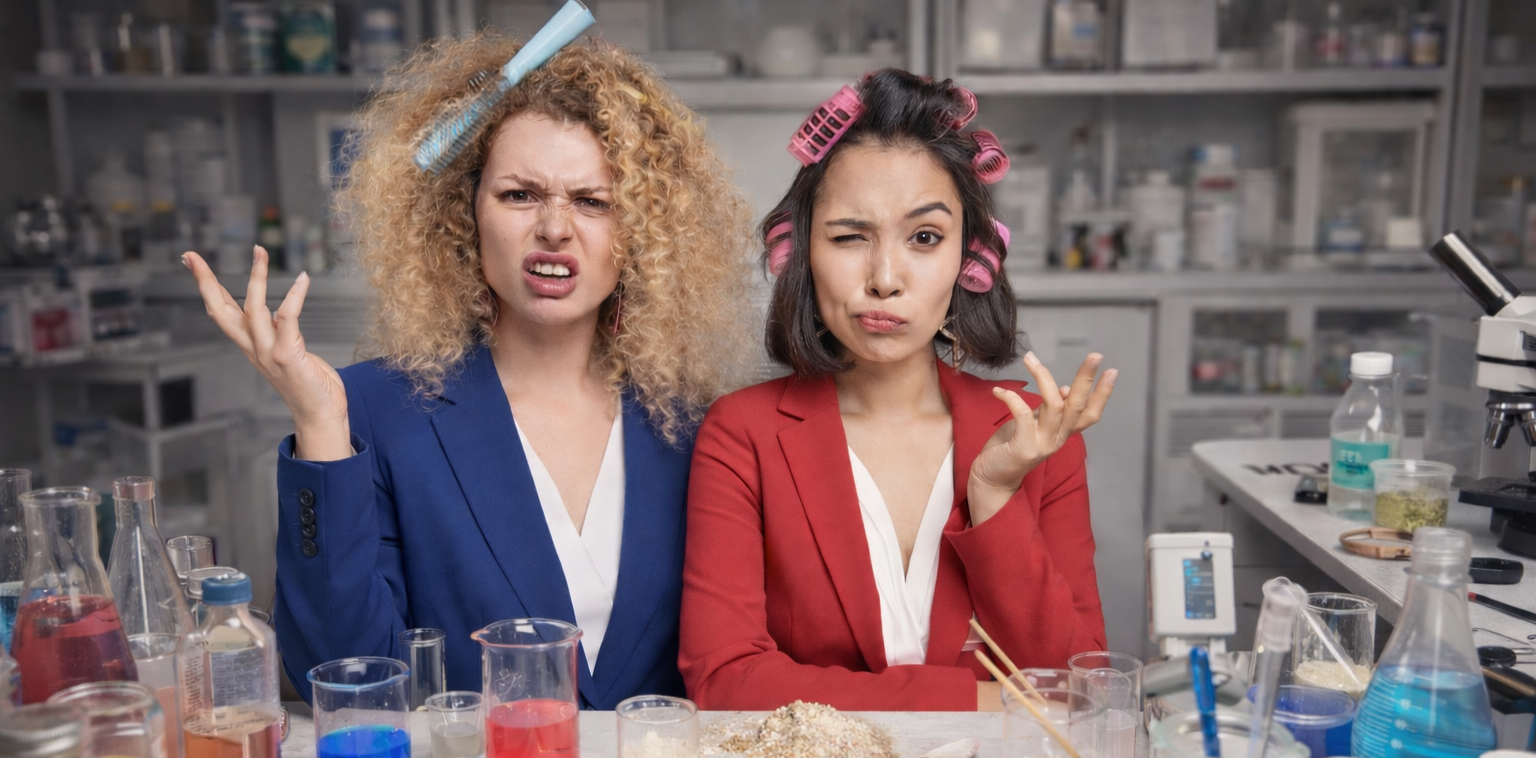 cosmetic chemists frustrated in lab with formulation ingredients showing difference between marketing and real science