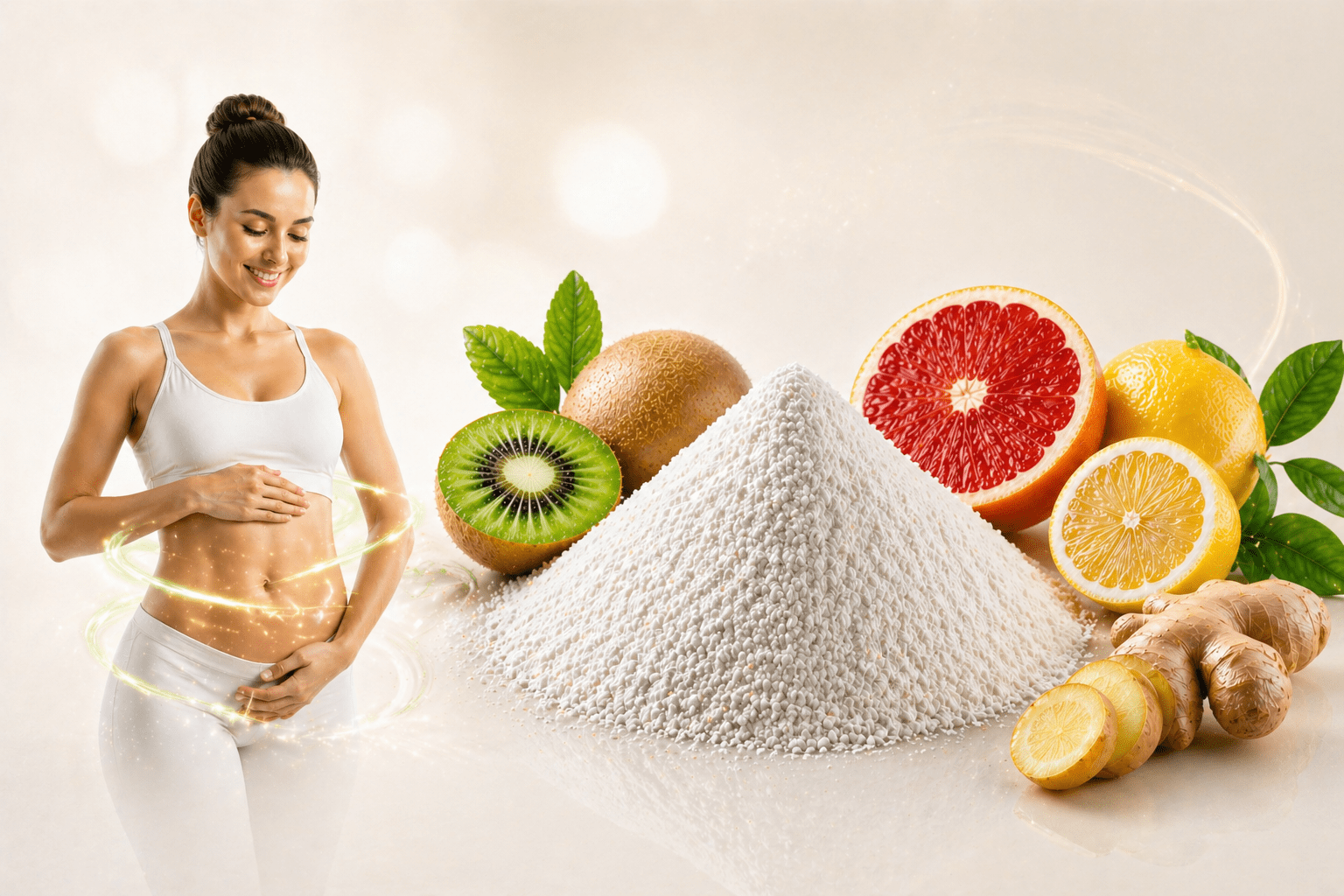 plant-based exosome-inspired gut health ingredient white powder with kiwi citrus and ginger