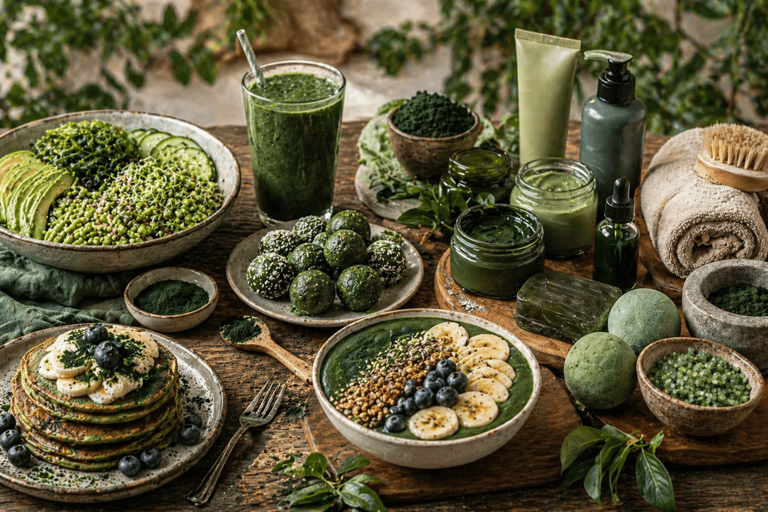 spirulina microalgae skincare beauty concept with woman and algae extract