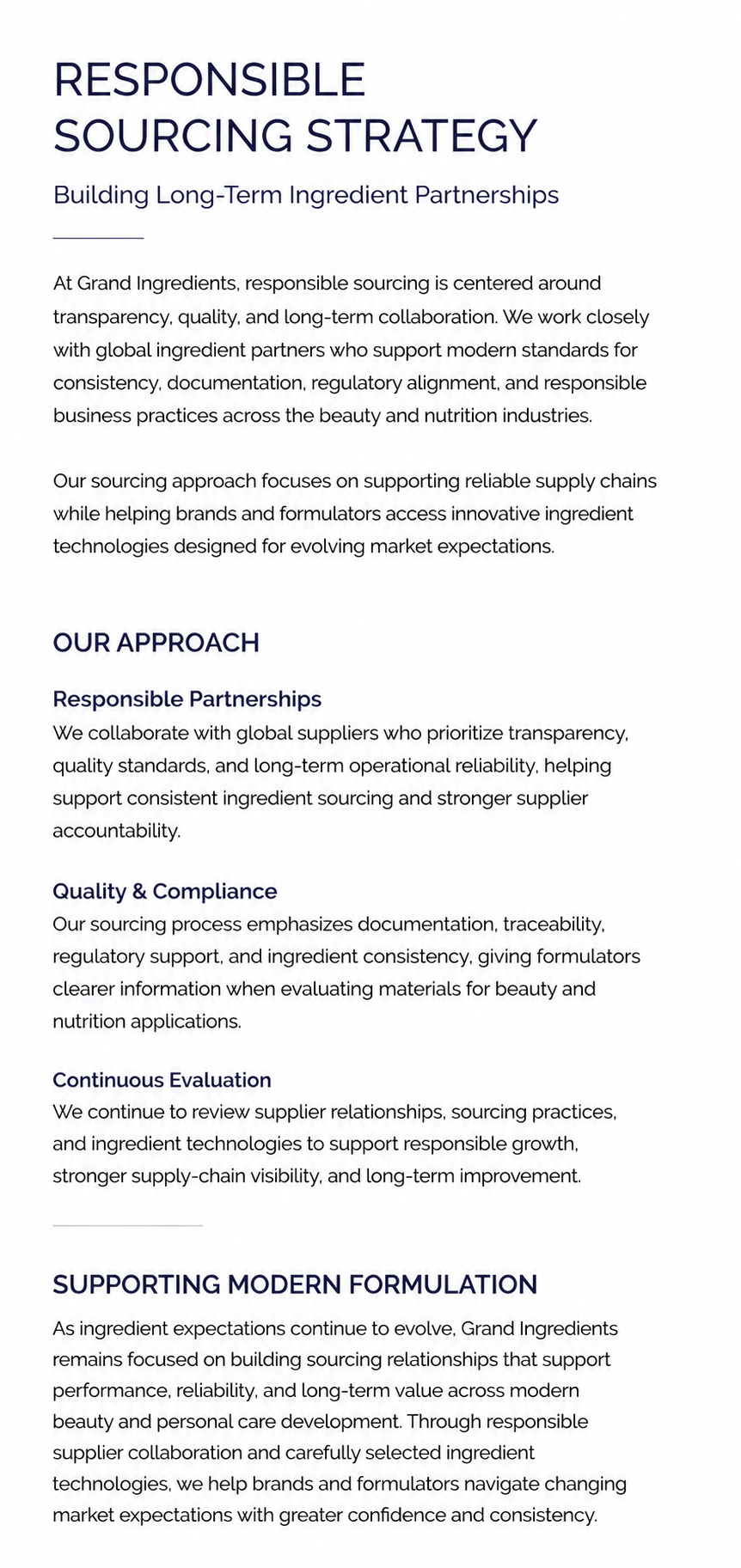 Grand Ingredients responsible sourcing strategy and sustainable ingredient supplier partnerships