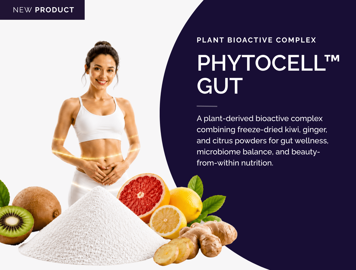 PhytoCell Gut plant-derived bioactive complex with fruit powders, citrus, kiwi, ginger, and wellness model for gut nutrition.