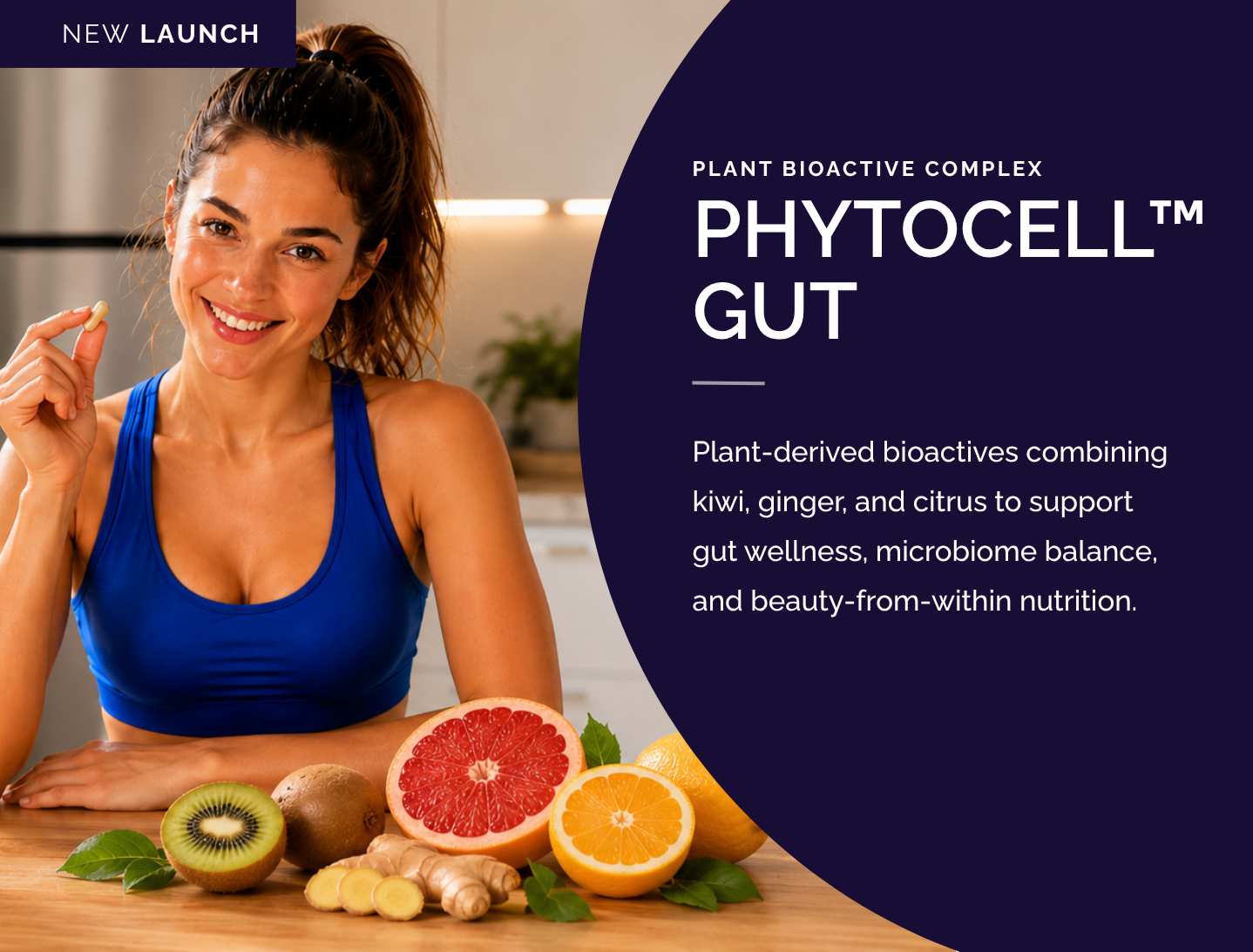 PhytoCell Gut plant-derived bioactive complex with fruit powders, citrus, kiwi, ginger, and wellness model for gut nutrition.