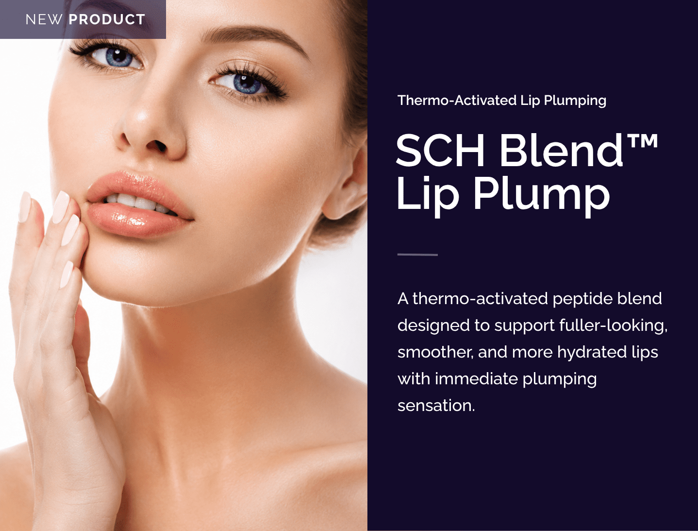 Close-up beauty portrait with glossy hydrated lips for SCH Blend Lip Plump thermo-activated peptide lip care.