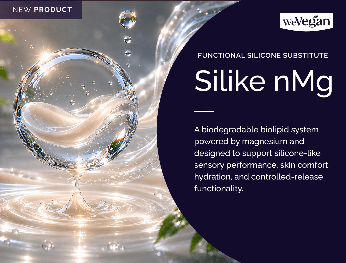 Green leaves in a water-based cosmetic gel texture for biodegradable silicone substitute ingredient