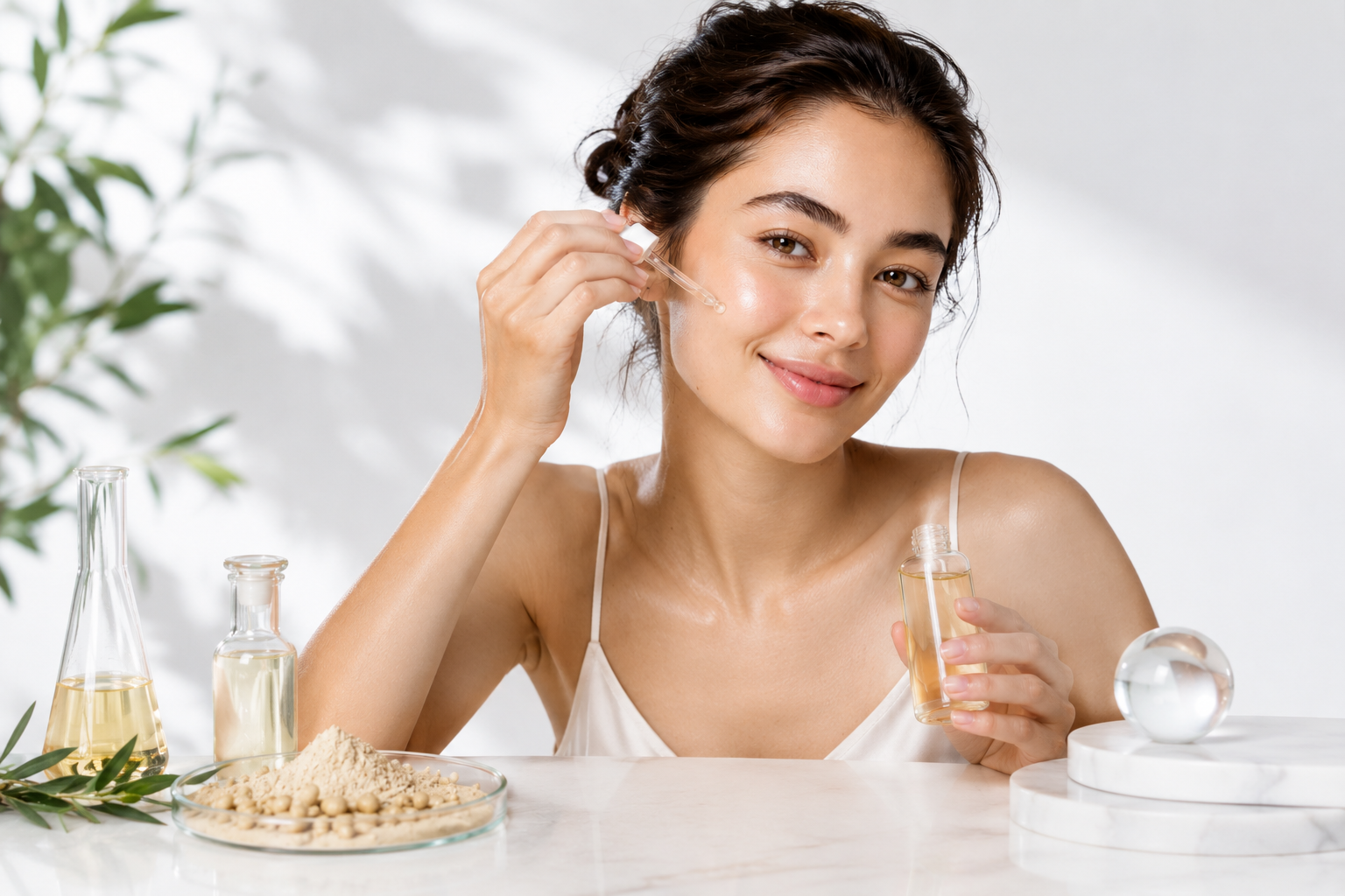 Woman applying serum featuring fermentation-derived Bacillus subtilis biotech skincare active