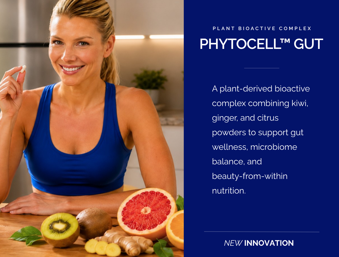 PhytoCell Gut plant-derived bioactive complex with fruit powders, citrus, kiwi, ginger, and wellness model for gut nutrition.