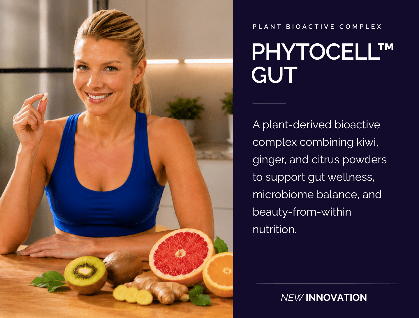 PhytoCell Gut plant-derived bioactive complex with fruit powders, citrus, kiwi, ginger, and wellness model for gut nutrition.
