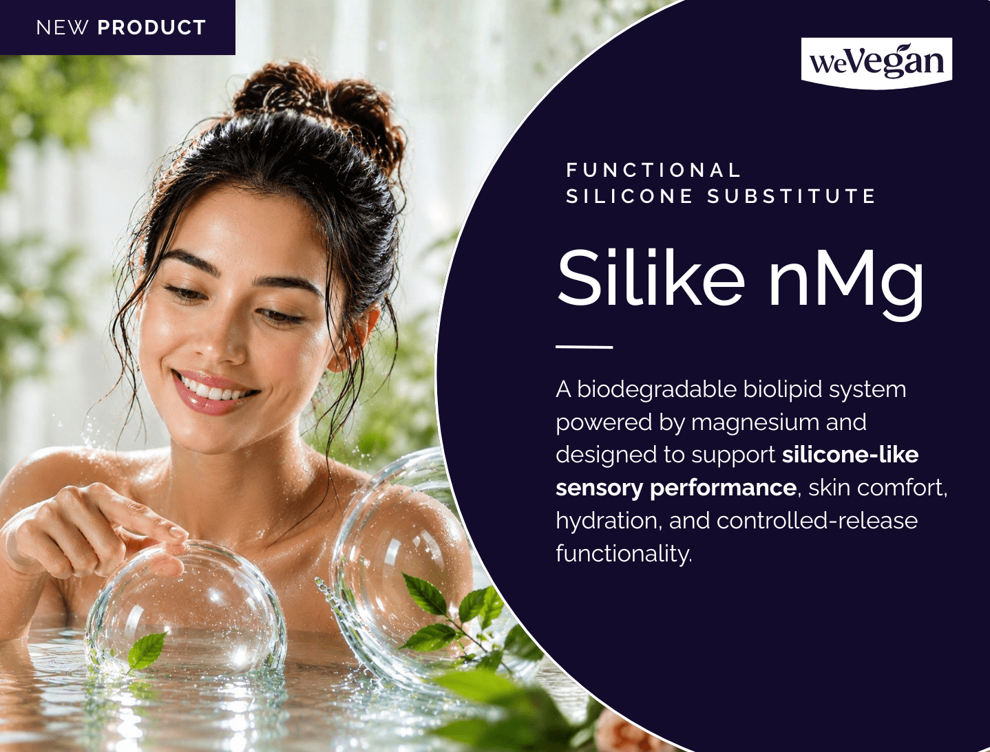 Green leaves in a water-based cosmetic gel texture for biodegradable silicone substitute ingredient