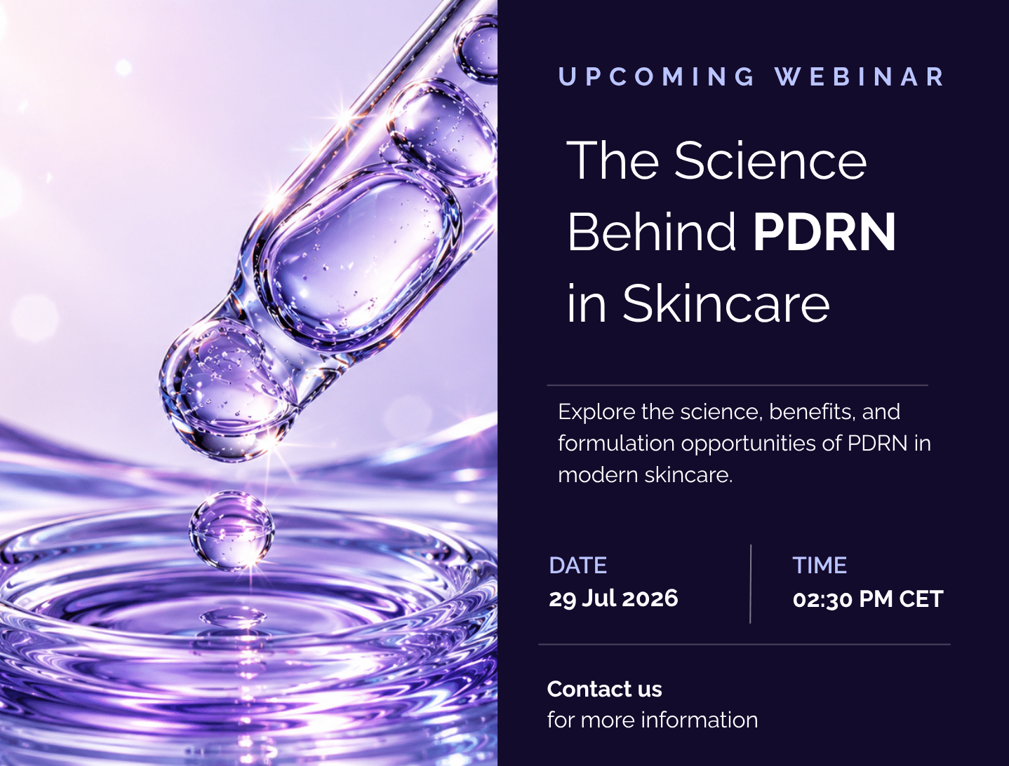 Promotional webinar banner featuring a cosmetic serum droplet and information about The Science of PDRN in Skincare webinar for cosmetic formulators.