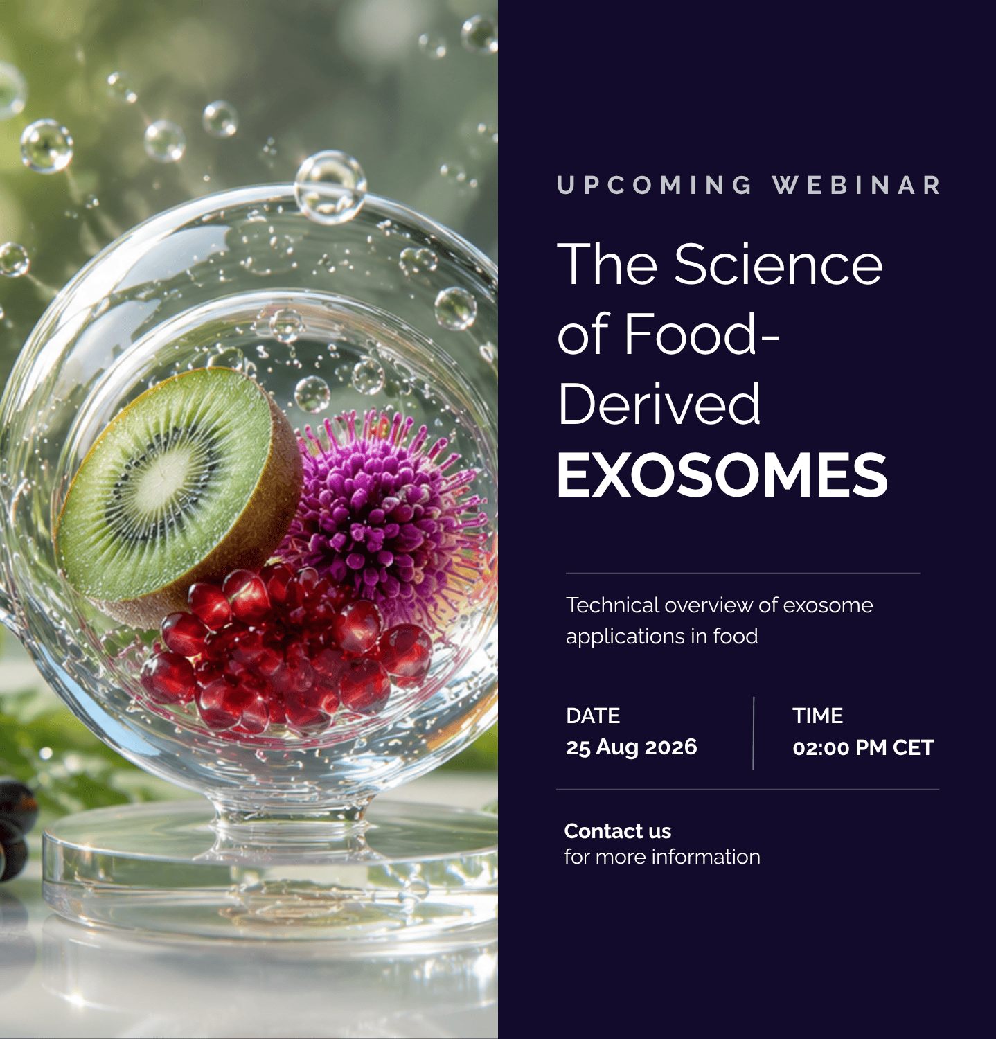 Food-derived exosomes sourced from fruits and natural food materials for functional nutrition and dietary supplement applications.