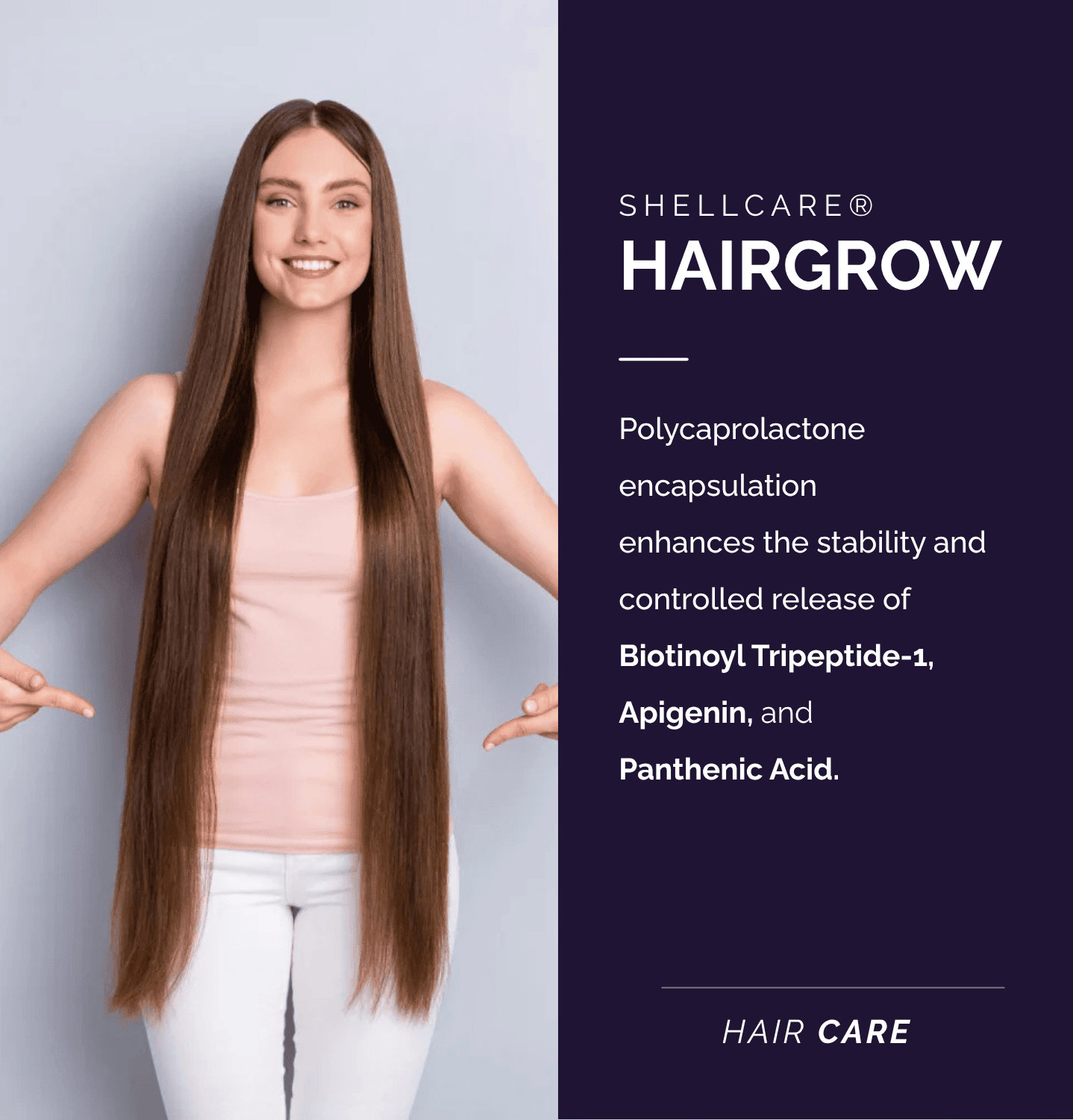 Hair growth cosmetic ingredient featuring a woman with long healthy hair alongside a scientific formulation graphic highlighting applications for hair care.