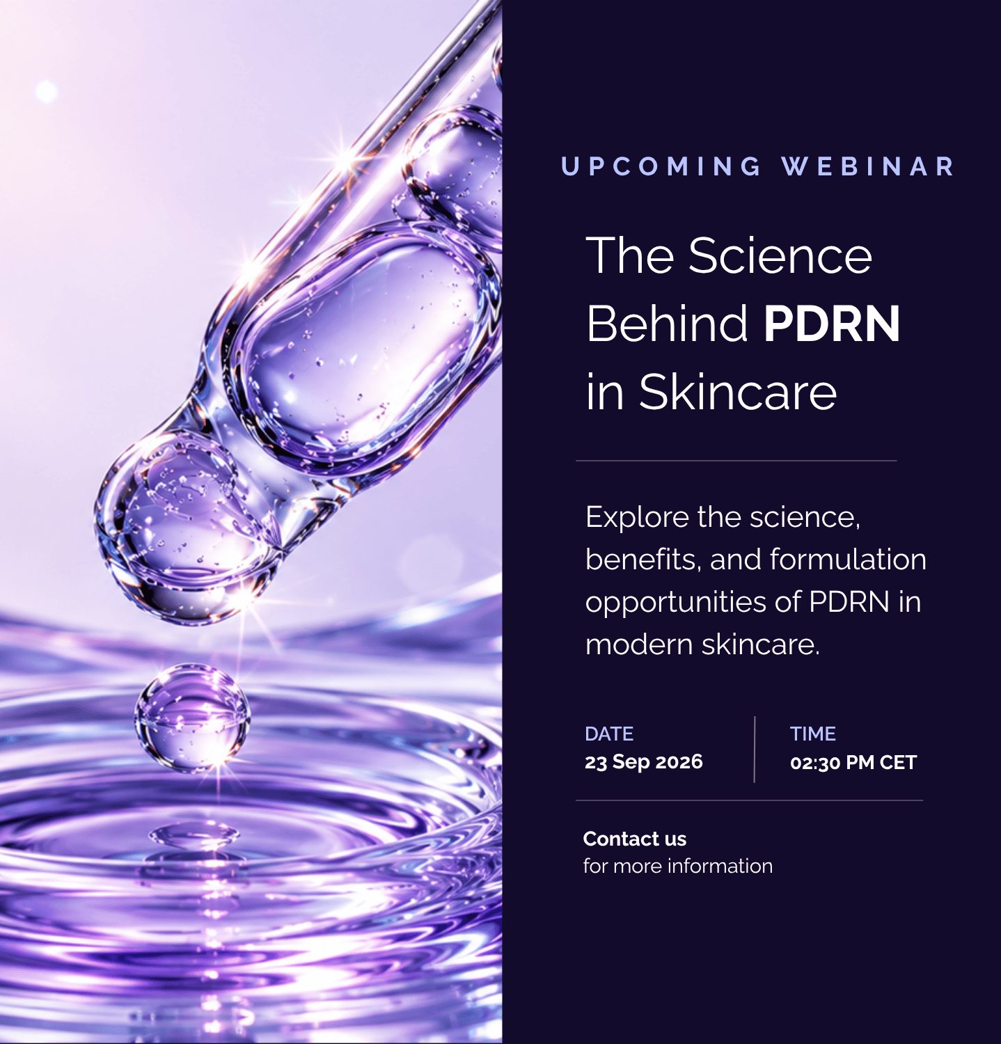Promotional webinar banner featuring a cosmetic serum droplet and information about The Science of PDRN in Skincare webinar for cosmetic formulators.