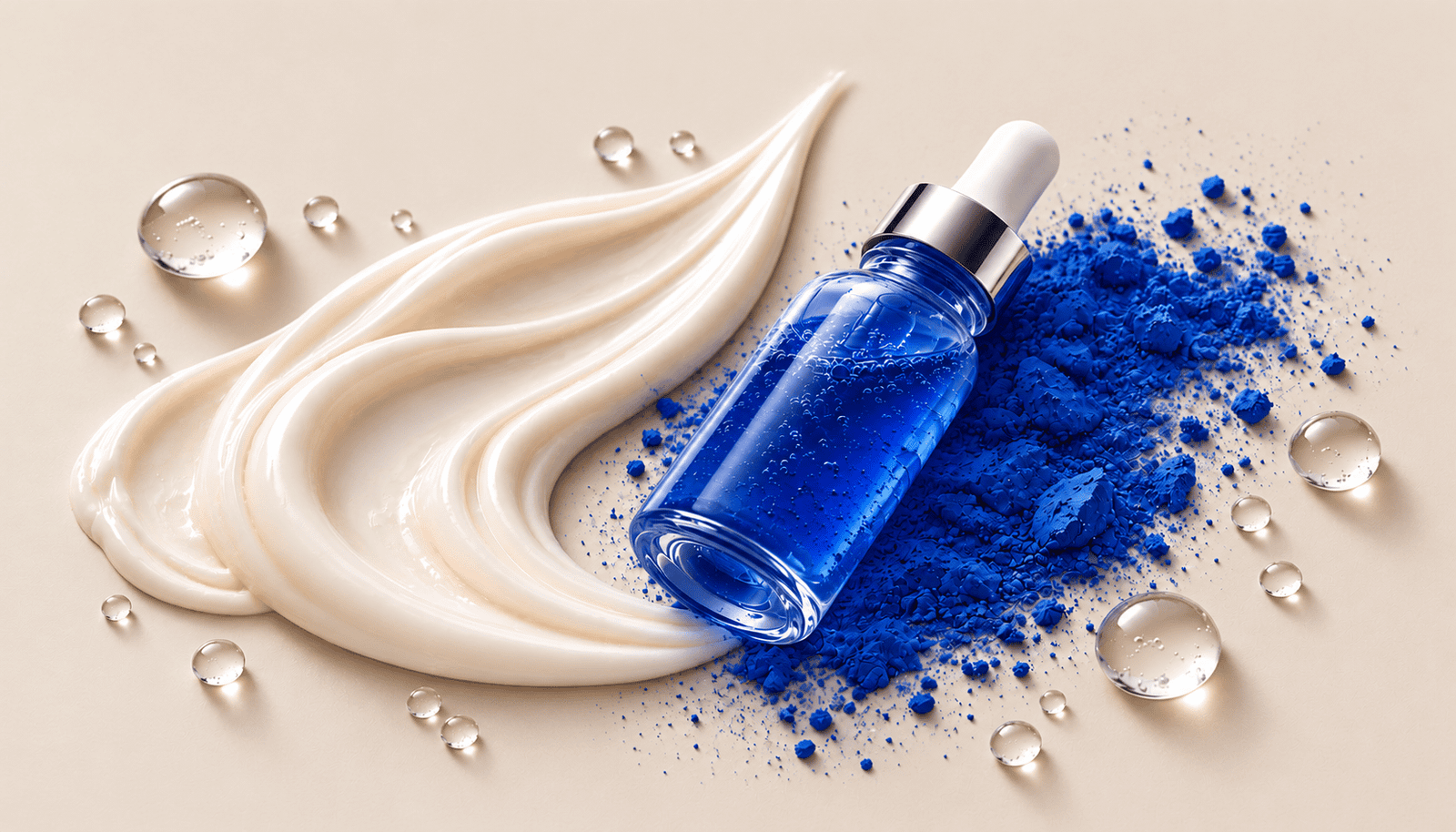 BIOMICELL Blue Peptide Ultra featuring a blue serum bottle, Copper Tripeptide-1 (GHK-Cu) powder, and skincare cream.