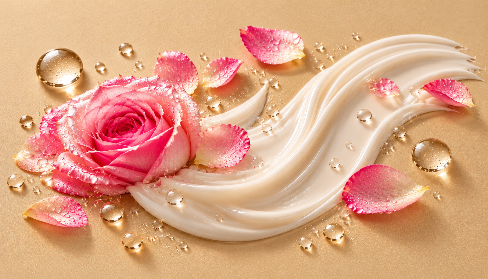 BIOMICELL Rose PDRN with fresh pink Damask rose, delicate petals, and a hydrating cream texture.