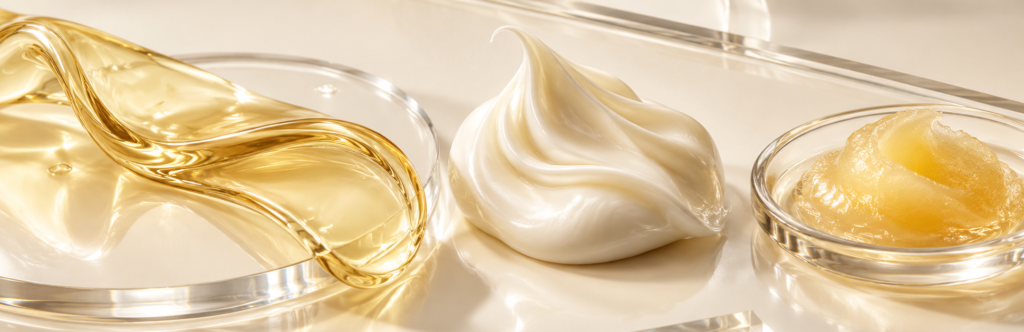 Golden emollient, white cream, and balm textures illustrating plant-based cosmetic formulation